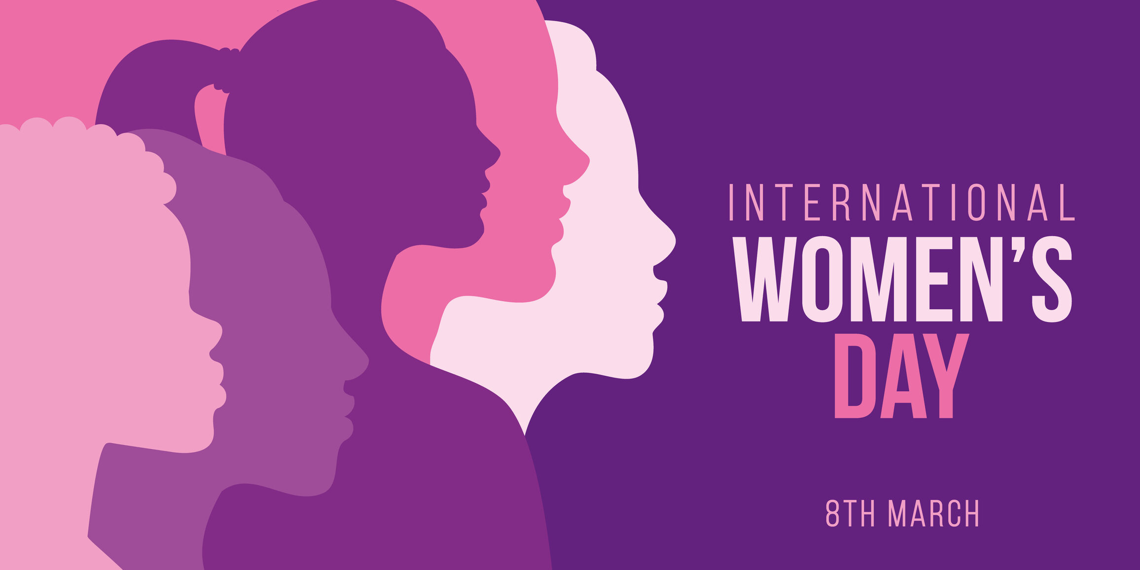 International Women's Day banner design featuring multicultural women's profile silhouettes. Landscape format.